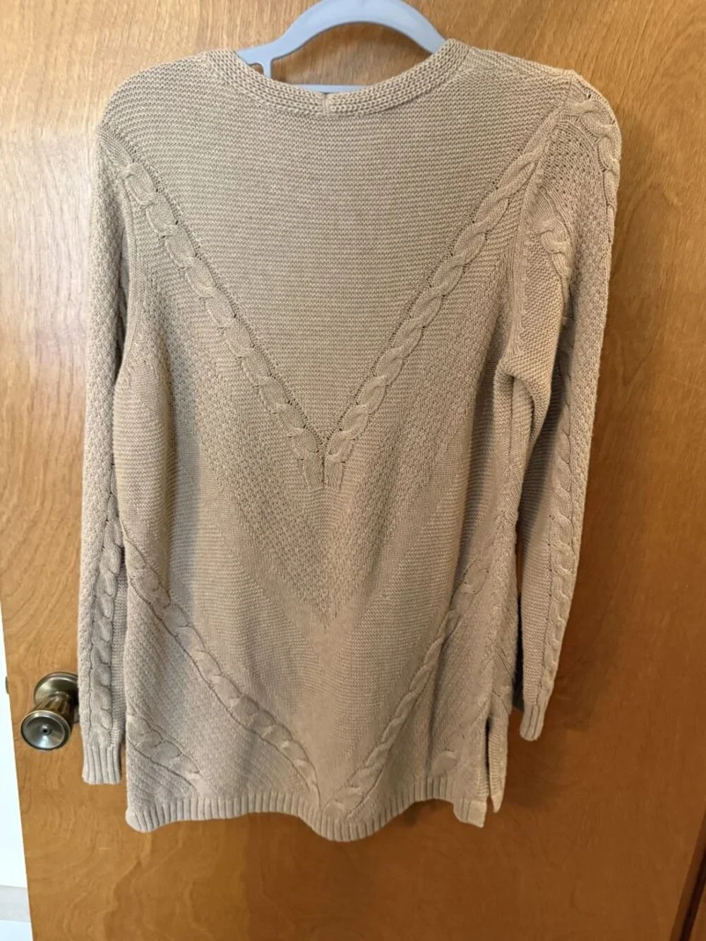 Chicos Zenergy Sweater Cotton Cashmere Blend Size 1 Medium Knit Tan V-Neck Cable